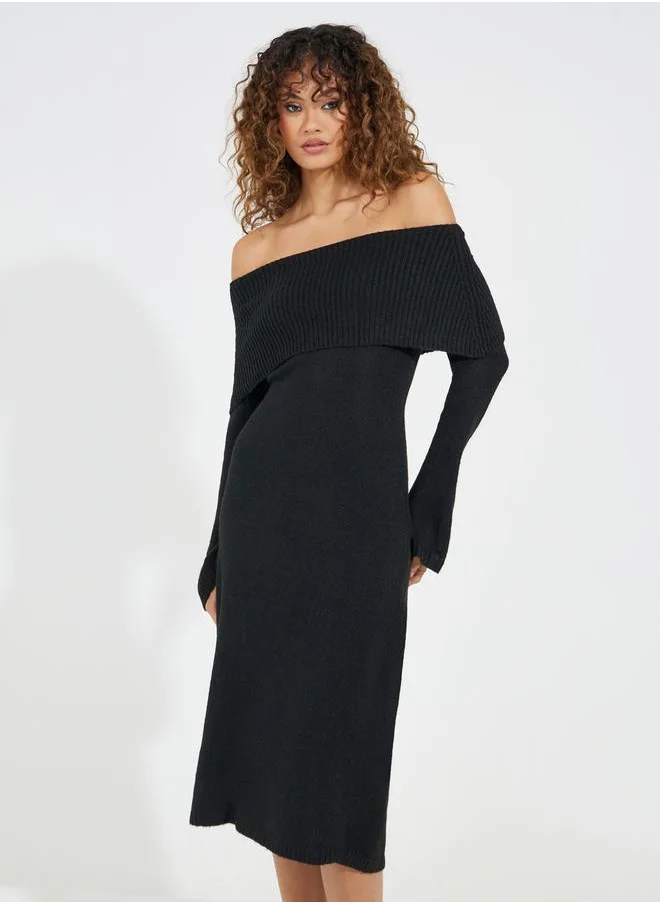 Styli Off Shoulder Knit Sweater Midi Dress