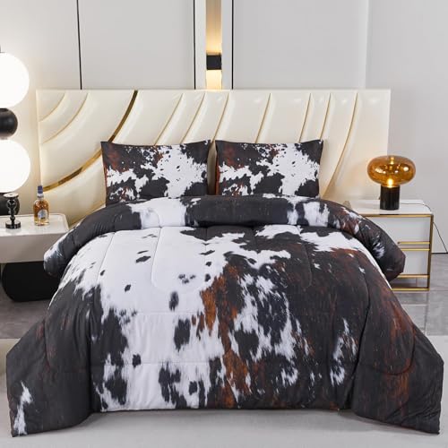 PERFEMET Full Size Comforter Sets 3 Pieces Western Cow Fur Print Bedding Set Farmhouse Rustic Black and White Bed Set Cute Animal Cowhide Comforter Set for Bedroom Decoration - Image 1