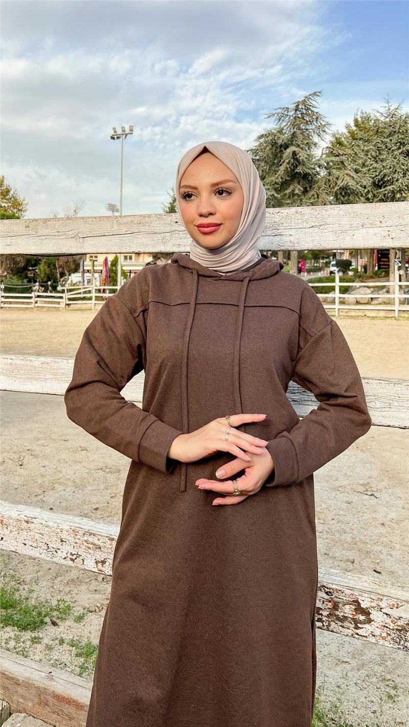 Bwest Long Tunic Hooded Side Slit Double Sports Suit - 3034 - Brown - Image 2