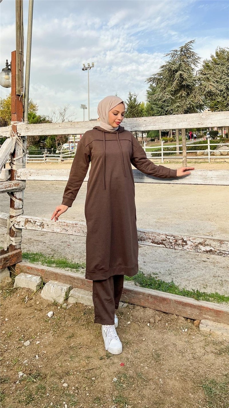 Bwest Long Tunic Hooded Side Slit Double Sports Suit - 3034 - Brown - Image 3