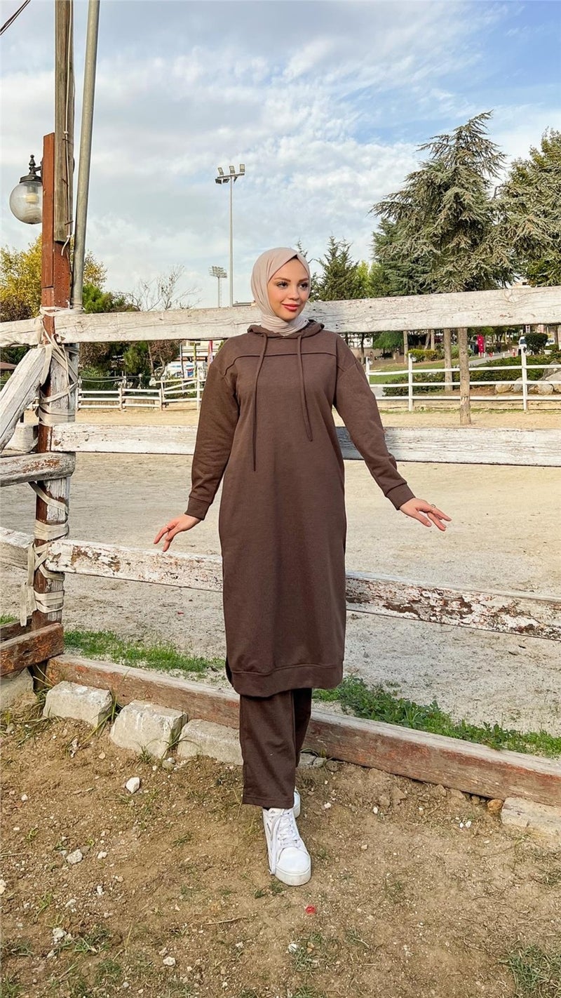 Bwest Long Tunic Hooded Side Slit Double Sports Suit - 3034 - Brown - Image 5