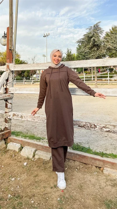 Bwest Long Tunic Hooded Side Slit Double Sports Suit - 3034 - Brown
