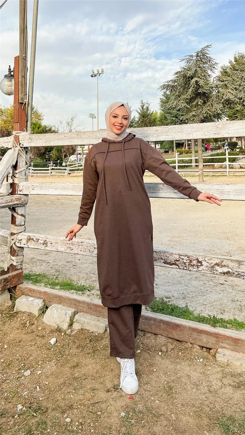 Bwest Long Tunic Hooded Side Slit Double Sports Suit - 3034 - Brown