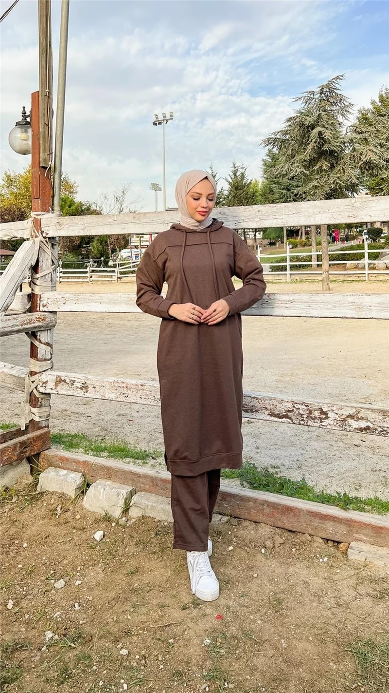 Bwest Long Tunic Hooded Side Slit Double Sports Suit - 3034 - Brown