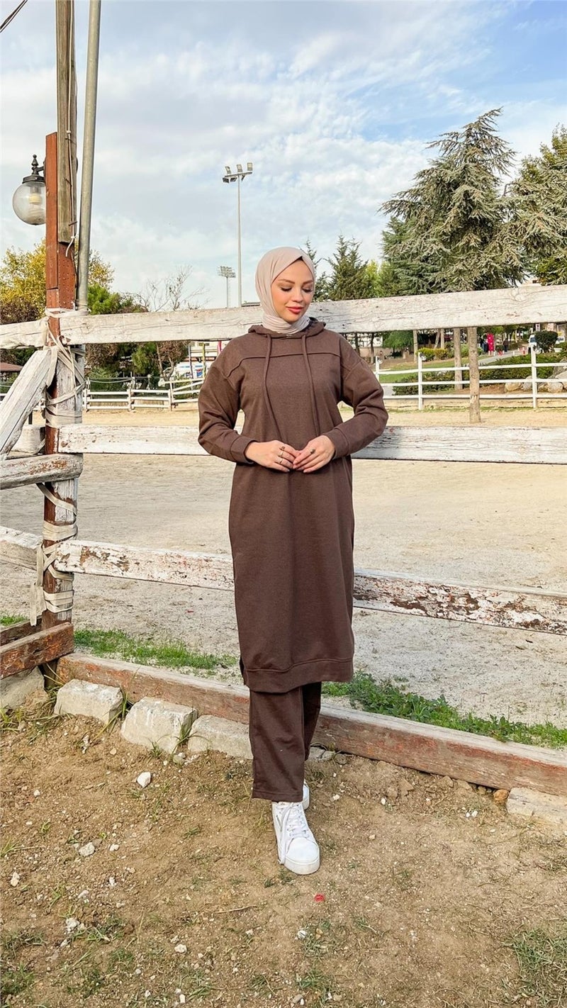 Bwest Long Tunic Hooded Side Slit Double Sports Suit - 3034 - Brown - Image 4