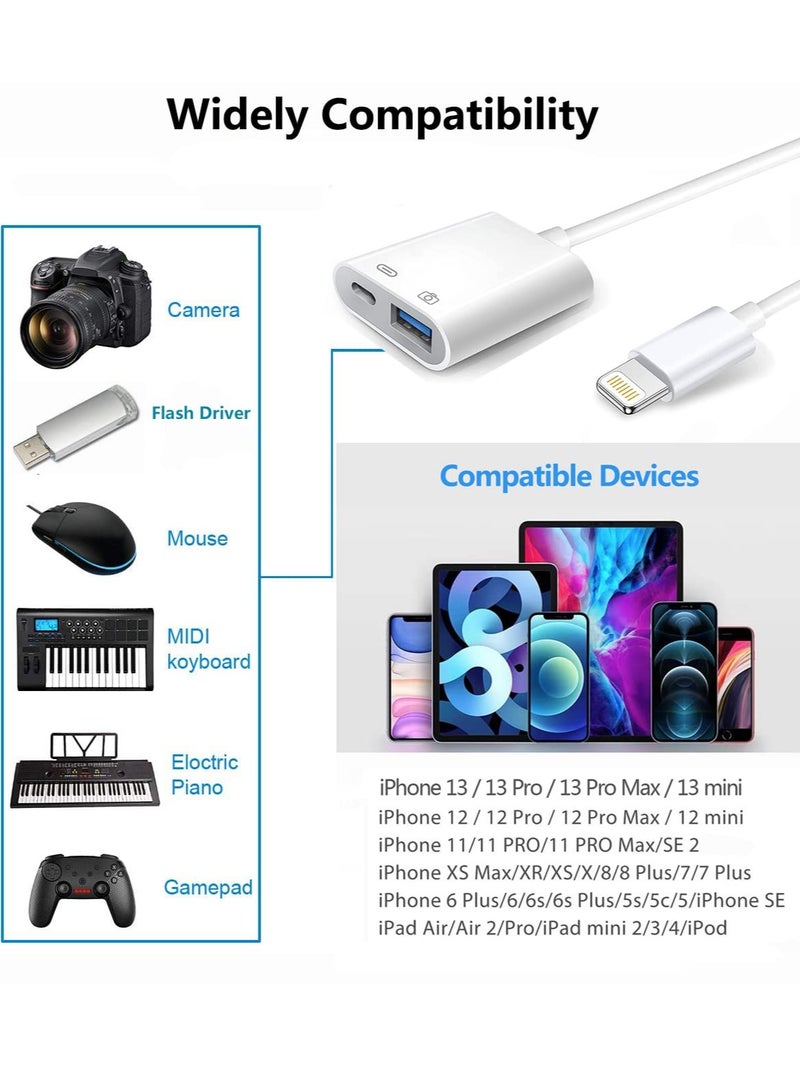 Apple Lightning to USB Camera Adapter with Charging Port, USB 3.0 OTG Cable for iPhone/iPad to Connect Card Reader, USB Flash Drive, U Disk, Keyboard, Mouse, Hubs, MIDI
