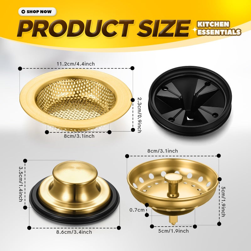 Yiyiring 4 Pcs Brushed Gold Kitchen Sink Accessories Garbage Disposal Splash Guards 3.4'' Sink Drain Strainer and Stopper Stainless Steel Garbage Disposal Plug for Kitchen Drain Strainer - Image 2