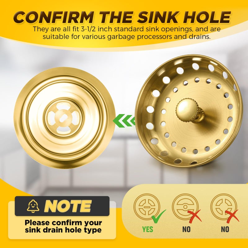 Yiyiring 4 Pcs Brushed Gold Kitchen Sink Accessories Garbage Disposal Splash Guards 3.4'' Sink Drain Strainer and Stopper Stainless Steel Garbage Disposal Plug for Kitchen Drain Strainer - Image 5