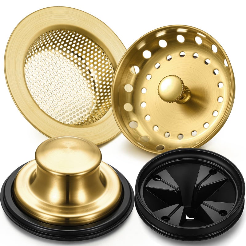 Yiyiring 4 Pcs Brushed Gold Kitchen Sink Accessories Garbage Disposal Splash Guards 3.4'' Sink Drain Strainer and Stopper Stainless Steel Garbage Disposal Plug for Kitchen Drain Strainer - Image 1