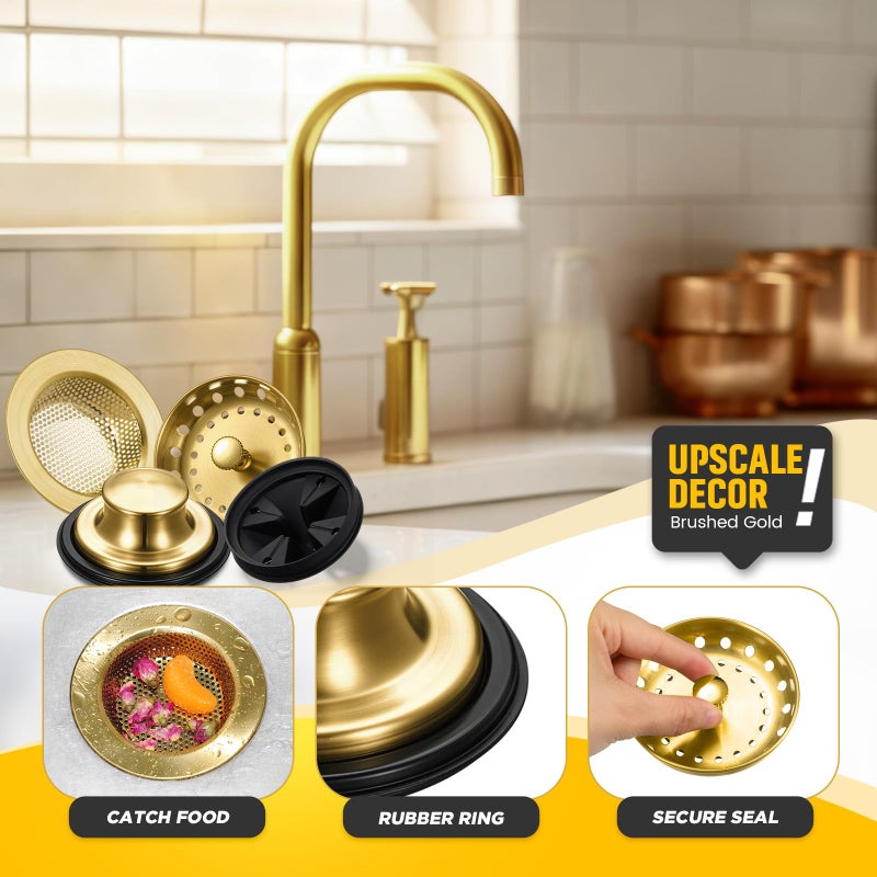 Yiyiring 4 Pcs Brushed Gold Kitchen Sink Accessories Garbage Disposal Splash Guards 3.4'' Sink Drain Strainer and Stopper Stainless Steel Garbage Disposal Plug for Kitchen Drain Strainer - Image 4
