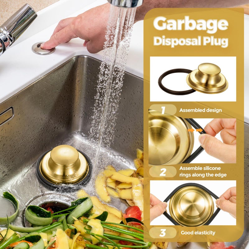 Yiyiring 4 Pcs Brushed Gold Kitchen Sink Accessories Garbage Disposal Splash Guards 3.4'' Sink Drain Strainer and Stopper Stainless Steel Garbage Disposal Plug for Kitchen Drain Strainer - Image 3