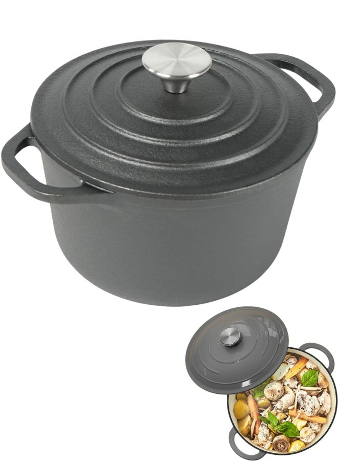 حلة طهي من الحديد الزهر بالمينا سعة 1.8 لتر بغطاء ثقيل محكم بقمم لتقطير البخار الذاتي، توزع الحرارة بالتساوي وتخزينها لفترات طويلة لطهي الشوربات واليخنات والخبز والتحمير والشيّ والأطباق الكاملة في إناء واحد، متوافقة مع المواقد الغاز والكهرباء والتحريض وتتحمل حرارة الفرن حتى 450 درجة فهرنهايت، تصميم داخلي غير لاصق سهل التنظيف بدون تبطين أو تجهيز مسبق، مقبض ستانلس قوي ومقابض جانبية مزدوجة لسهولة الحمل، لون رمادي أنيق مقاوم للالتصاق والاحتراق، خامة تجارية عالية الجودة تناسب المطابخ المنزلية والاحترافية - Image 1