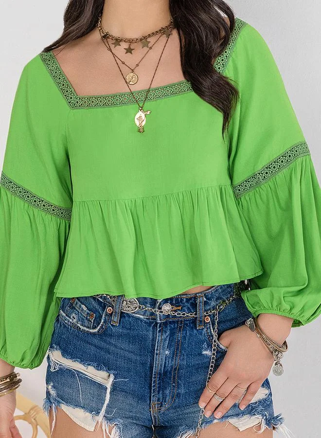 Take Two Take Two Square Neck Lace Detail Top with Volume Sleeves