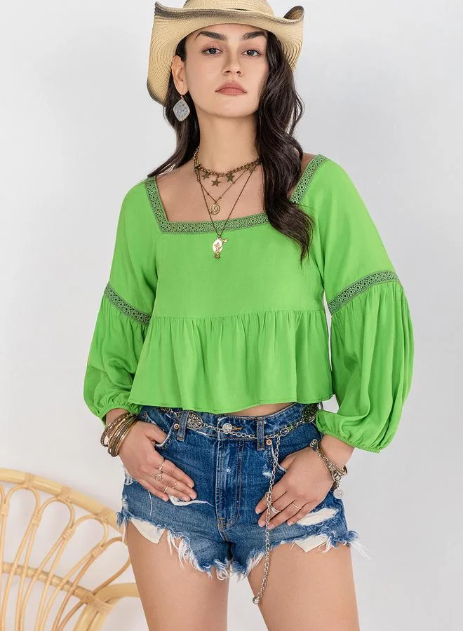 Take Two Take Two Square Neck Lace Detail Top with Volume Sleeves