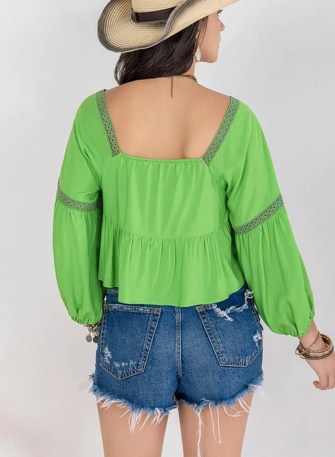 Take Two Take Two Square Neck Lace Detail Top with Volume Sleeves
