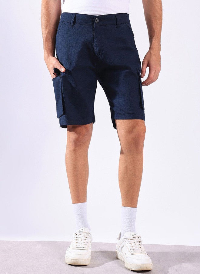 Hence Men Regular Fit Navy Blue Linen Cargo Shorts with 6 Pockets - Image 1