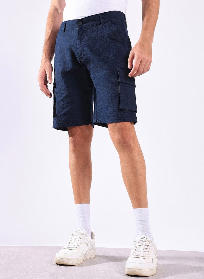 Hence Men Regular Fit Navy Blue Linen Cargo Shorts with 6 Pockets - Image 2