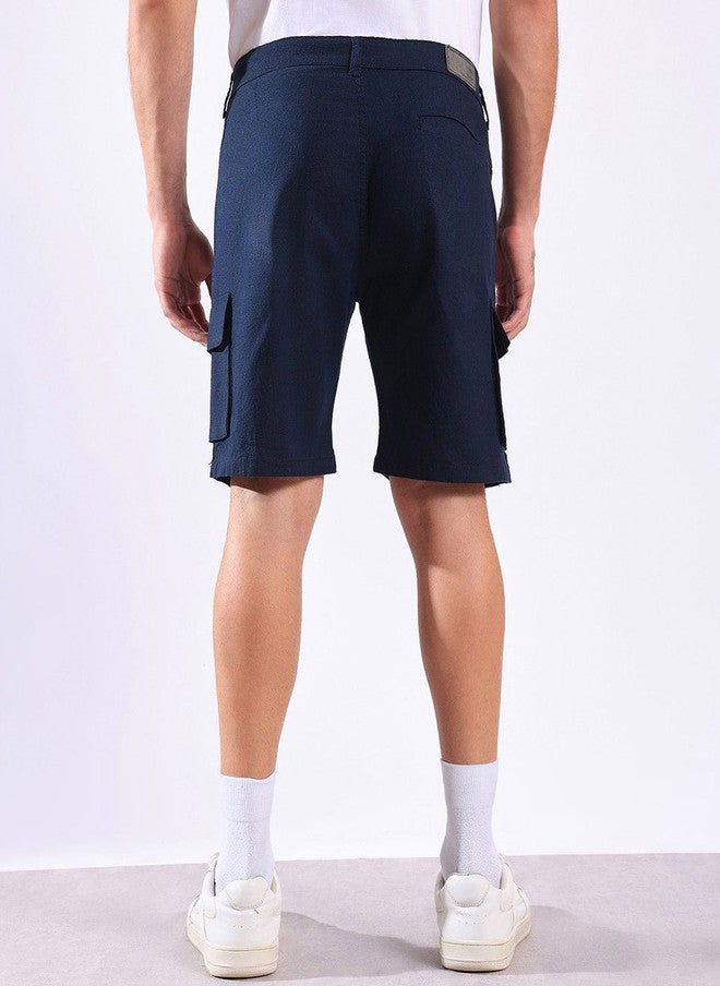 Hence Men Regular Fit Navy Blue Linen Cargo Shorts with 6 Pockets - Image 3