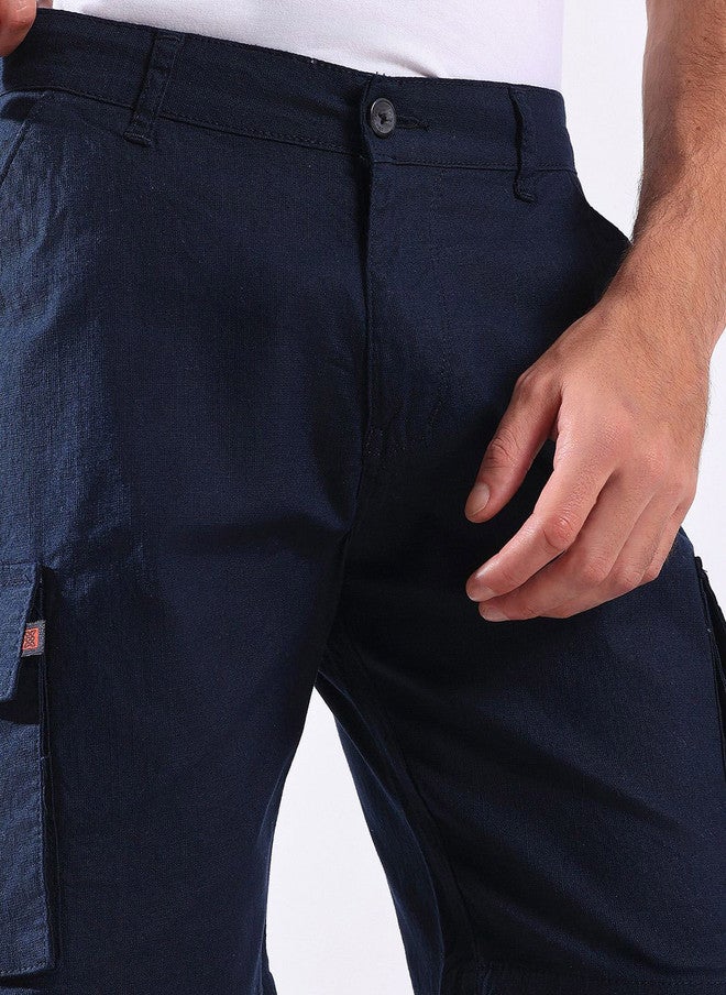 Hence Men Regular Fit Navy Blue Linen Cargo Shorts with 6 Pockets - Image 5