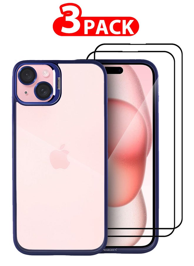 CATANES - 3 Pack iPhone 15 Plus Case Cover and Lens Protector and 2 Screen Protectors Built-in Camera Stand and Compatible with MagSafe Full Body Shockproof Case Clear Blue - Image 1