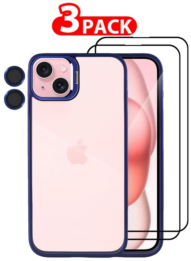 CATANES - 3 Pack iPhone 15 Plus Case Cover and Lens Protector and 2 Screen Protectors Built-in Camera Stand and Compatible with MagSafe Full Body Shockproof Case Clear Blue - Image 1