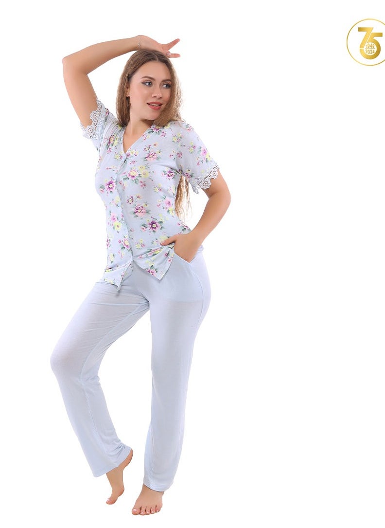 Dadoush - Women's summer pajamas set with buttons front and short sleeves - Image 1