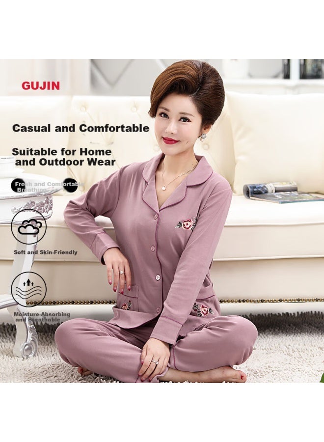 Gujin 100% Long Staple Cotton Middle-aged And Elderly Women's Pure Cotton Pajama Set Spring And Autumn Homewear Plus Size Women's Sleep Pants Hy - Image 2