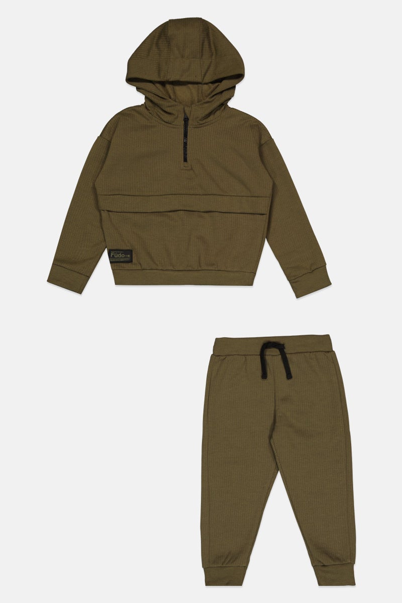 Fudo Toddlers Boy 2 Pieces Brand Logo Hoodie And Jogger, Olive - Image 3