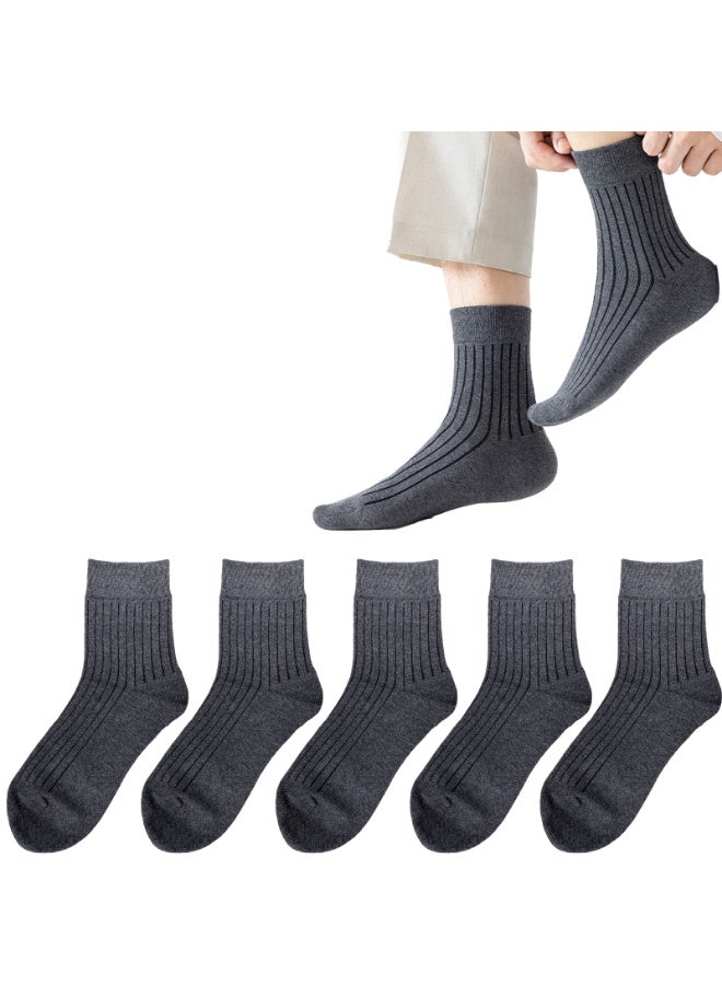 جوارب رجالية مخططة بطول نصف الساق لفصلي الخريف والشتاء، جوارب قطنية طويلة بلون موحد ومضادة للروائح الكريهة، 5 أزواج - Image 1
