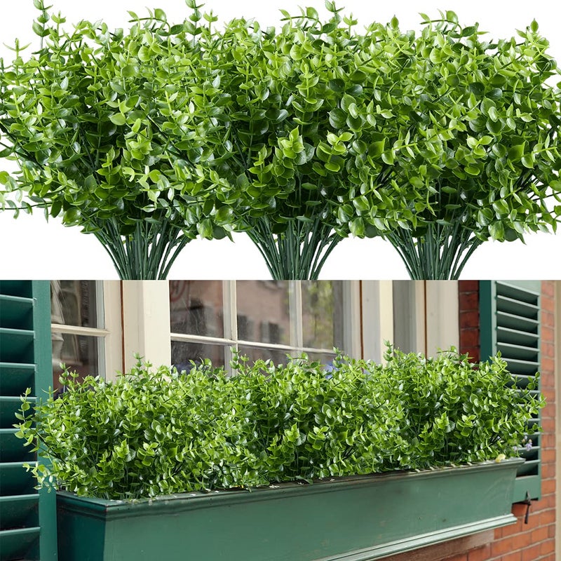 HAPLIA 8PCS Artificial Eucalyptus PlantsFake Boxwood Shrubs UV Resistant No Fade Faux Plastic Greenery for Wedding Bridal Bouquet Indoor Outdoor Home Garden Kitchen Office Table VaseGreen