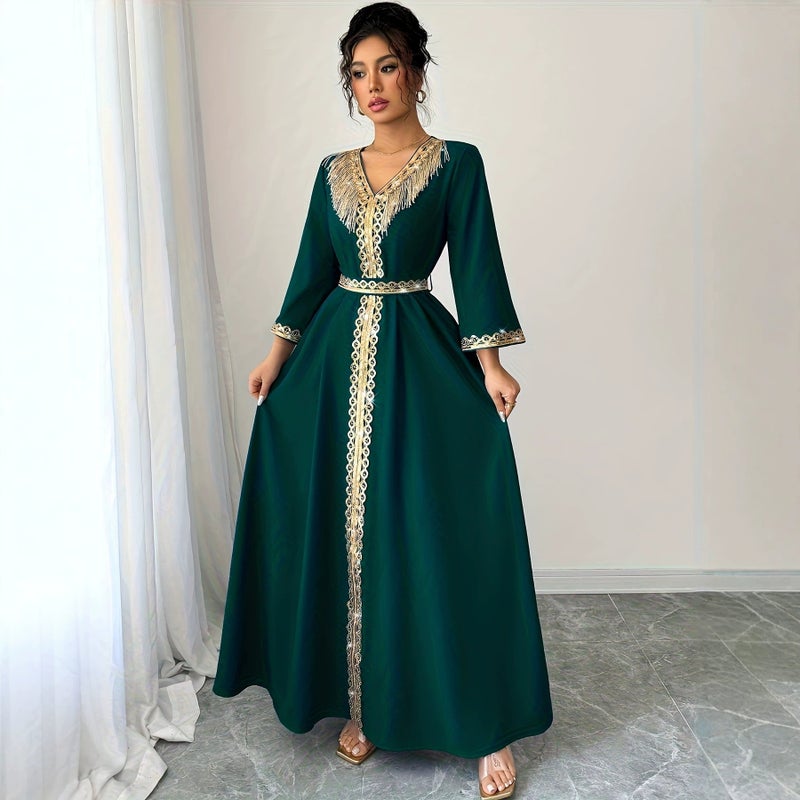 فستان نسائي أنيق 2026 بأكمام طويلة وياقة على شكل V مع دانتيل وشراشيب - Image 4
