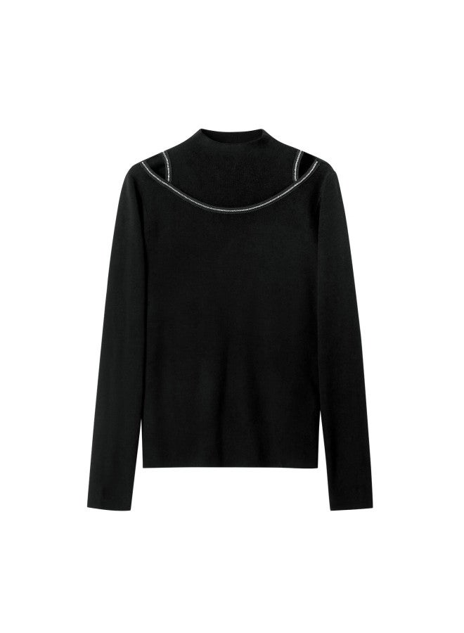 Yanyee Women's Long Sleeve Turtleneck Sweater Autumn Slim Fit Shoulder Cutout Elegant Knit Top Black M - Image 3