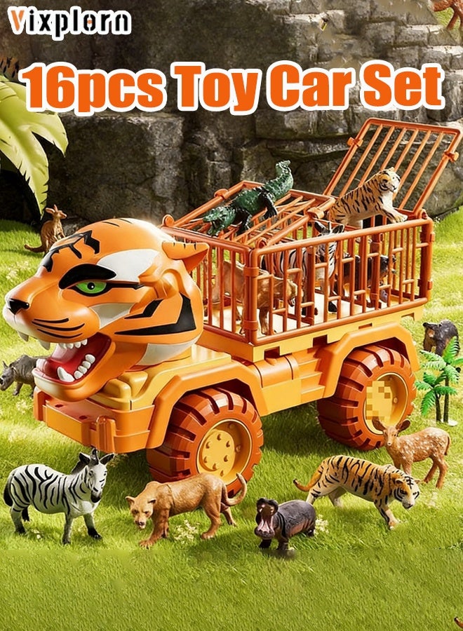Vixplorn 16 pcs Tiger transport truck set Construction truck set Children's trailer toy Truck set Construction truck toy Inertia-driven Birthday gift Boys' toy - Image 1