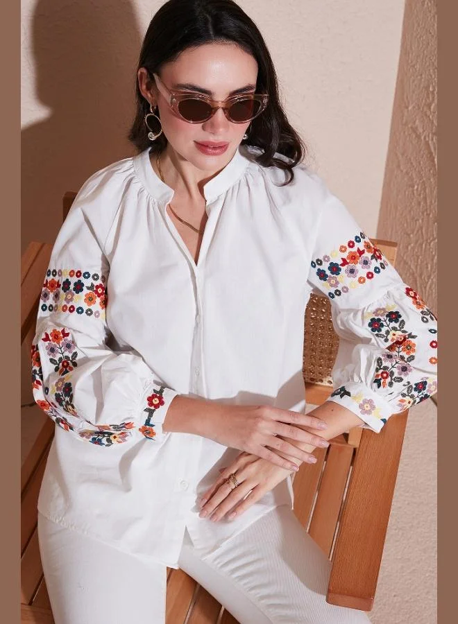 Lela Lela Embroidered Cotton Oversize Fit V-Neck Shirt Women's SHIRT 676253