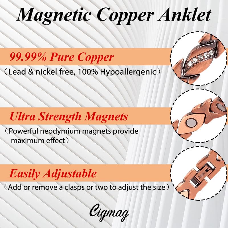 Cigmag Copper Anklet for Women Ultra Strength Pure Copper Anklet Bracelet for Feet Adjustable(crystal) - Image 3