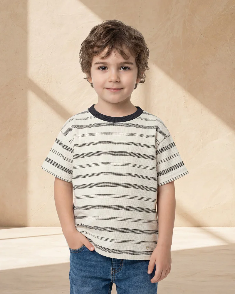Redtag Boys Ivory And Waffle Striped T Shirt