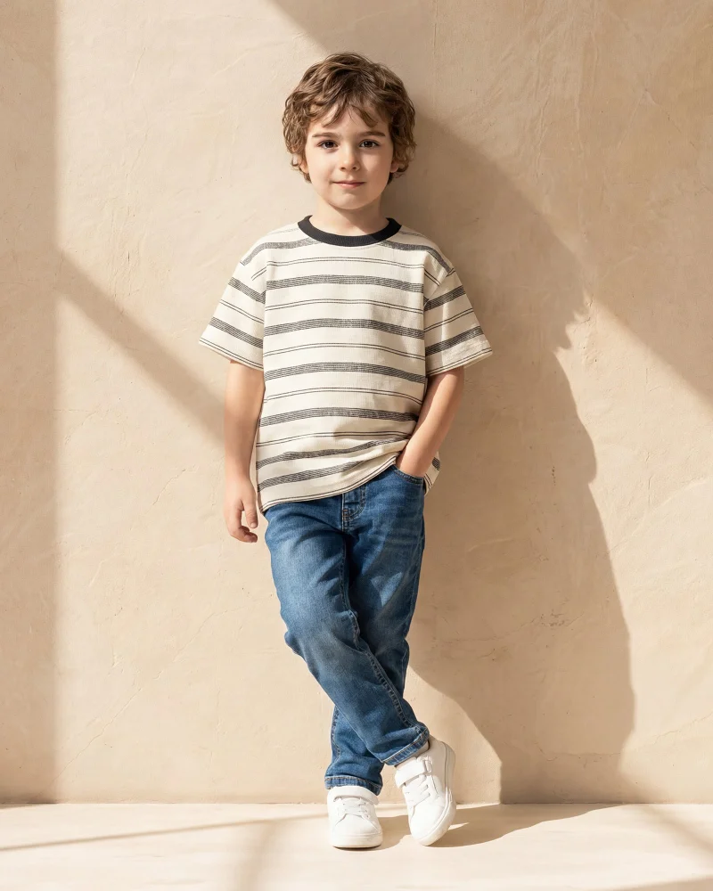 Redtag Boys Ivory And Waffle Striped T Shirt