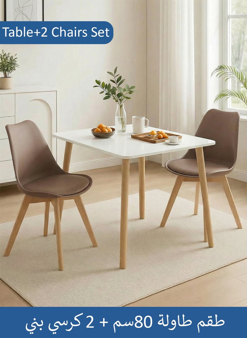 Taimi 3-Piece Dining Set, Modern Square Dining Table with 2 Elegant Chairs | Solid White Wood Table 80x80x72cm with 2 Brown Mid Century Soft Padded Seats and Wooden Legs - Image 1