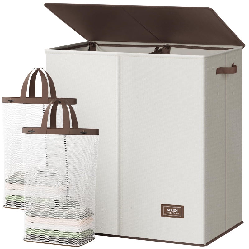 SOLEDI Large Double Laundry Hamper with Lid,165L Collapsible Clothes Hamper 2 section with Removable Bags, Space-Saving Laundry Basket for Bedroom, Dorm, College - Image 1