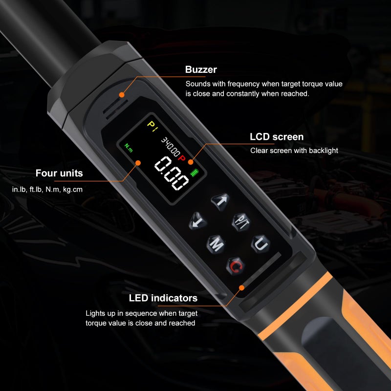 Uharbour Digital Torque Wrench 1/2 Drive, 3.8-250.8 Ft.lb Range, 1/2 Digital Torque Wrench Â±1% Accuracy with Vibration, Buzzer and LED Alert, Suitable for Car, Motorcycle and Bicycle - Image 4