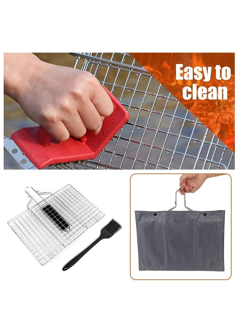 BBQ Grilling Basket, Foldable Stainless Steel Barbecue Grill Basket for Fish Vegetables Shrimp with Removable Handle, Basting Brush and Storage Bag 32x22cm - Image 3