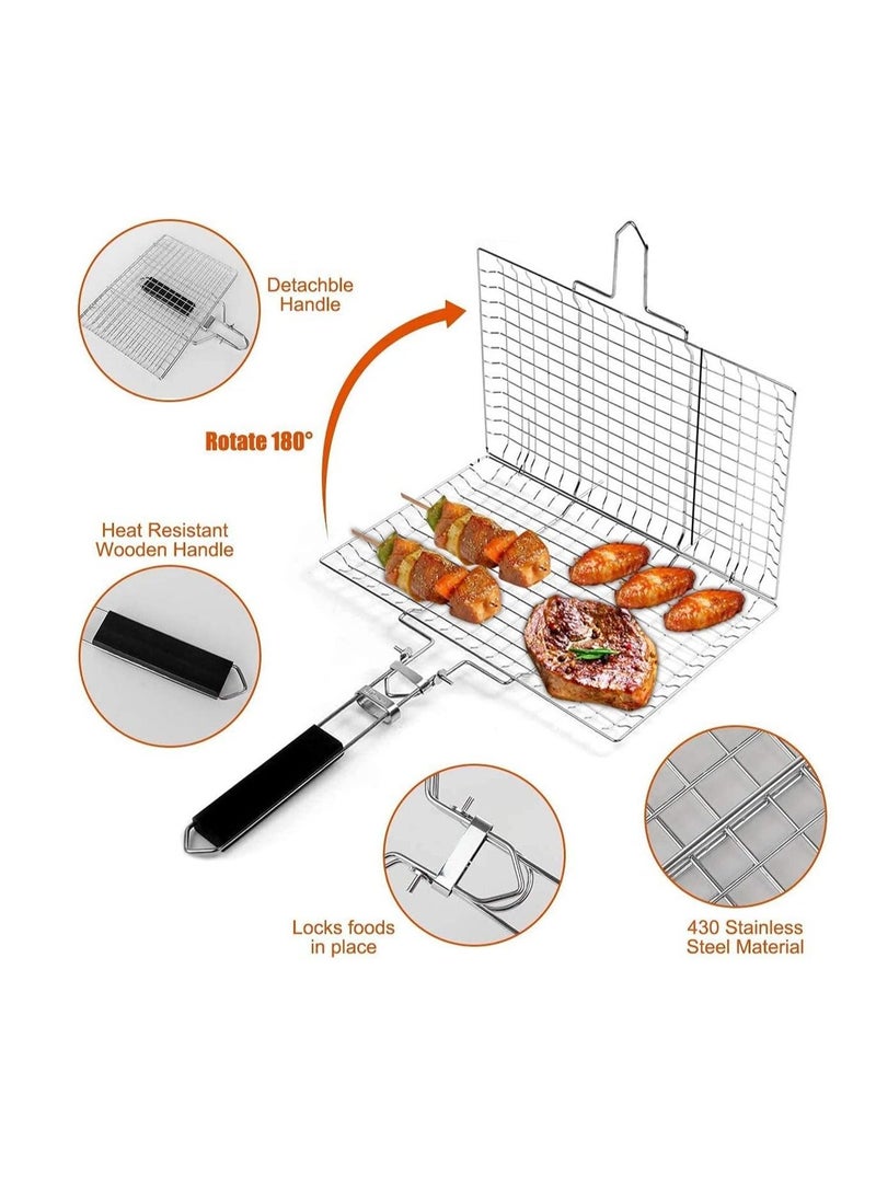 BBQ Grilling Basket, Foldable Stainless Steel Barbecue Grill Basket for Fish Vegetables Shrimp with Removable Handle, Basting Brush and Storage Bag 32x22cm - Image 2