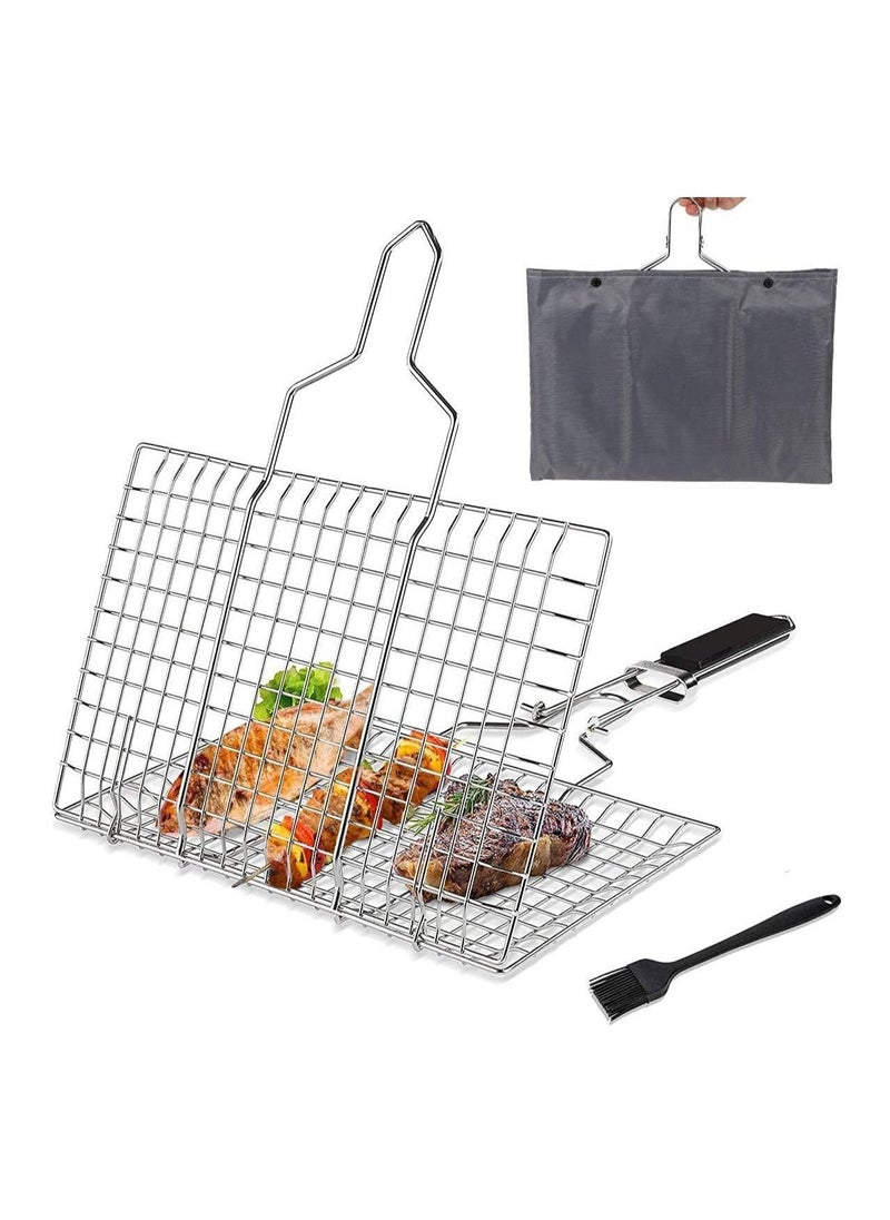 BBQ Grilling Basket, Foldable Stainless Steel Barbecue Grill Basket for Fish Vegetables Shrimp with Removable Handle, Basting Brush and Storage Bag 32x22cm - Image 1