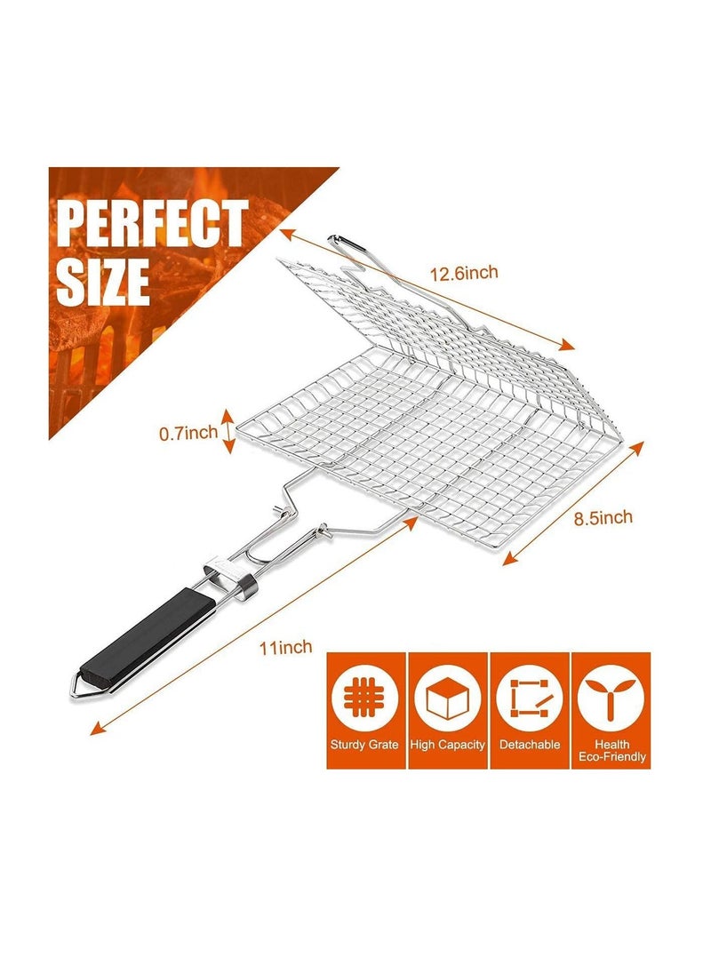 BBQ Grilling Basket, Foldable Stainless Steel Barbecue Grill Basket for Fish Vegetables Shrimp with Removable Handle, Basting Brush and Storage Bag 32x22cm - Image 4