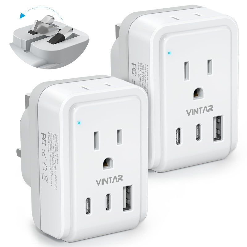 2 Pack US to UK Ireland Plug Adapter VINTAR Foldable Type G Power Adapter UK Travel Adaptor with 2 Outlets and 3 USB2 USB C Ports for England Scotland Ireland London Dubai Singapore Hong Kong