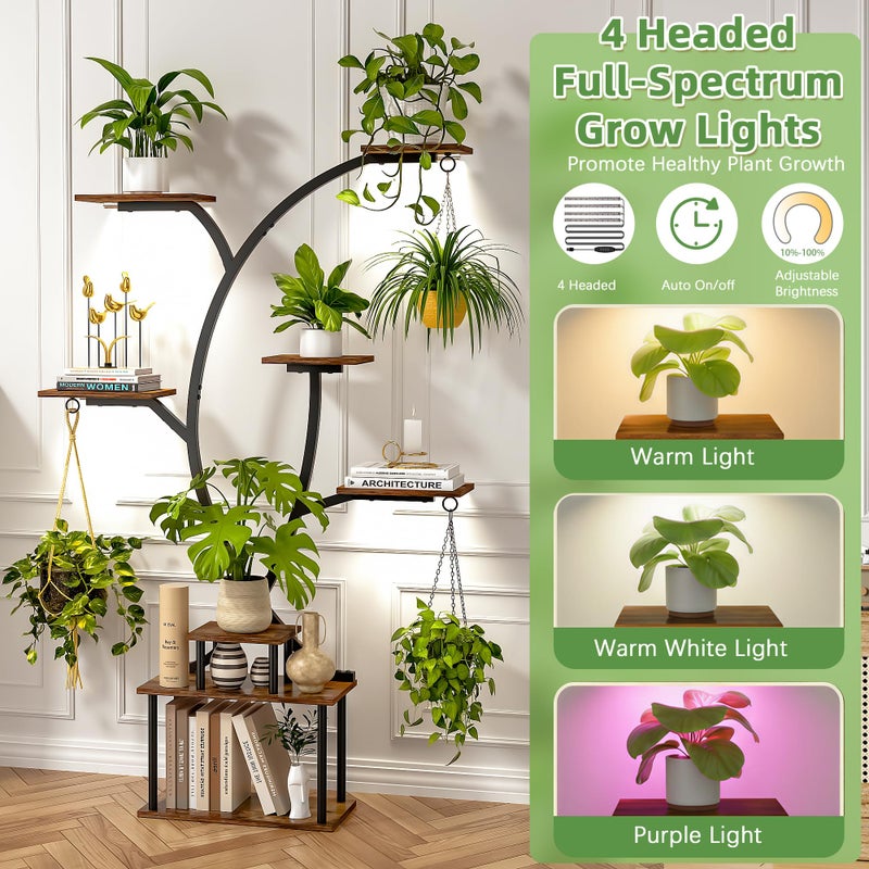VECELO 65" Tall Plant Stand Indoor with Grow Lights, 8-Tier Plant Shelf with Hanging Hooks, Tree-Shaped Metal Plant Rack, Space-Saving for Home, Living Room & Corner Spaces, Brown - Image 4