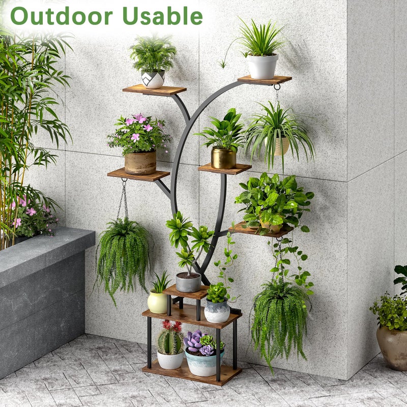 VECELO 65" Tall Plant Stand Indoor with Grow Lights, 8-Tier Plant Shelf with Hanging Hooks, Tree-Shaped Metal Plant Rack, Space-Saving for Home, Living Room & Corner Spaces, Brown - Image 3