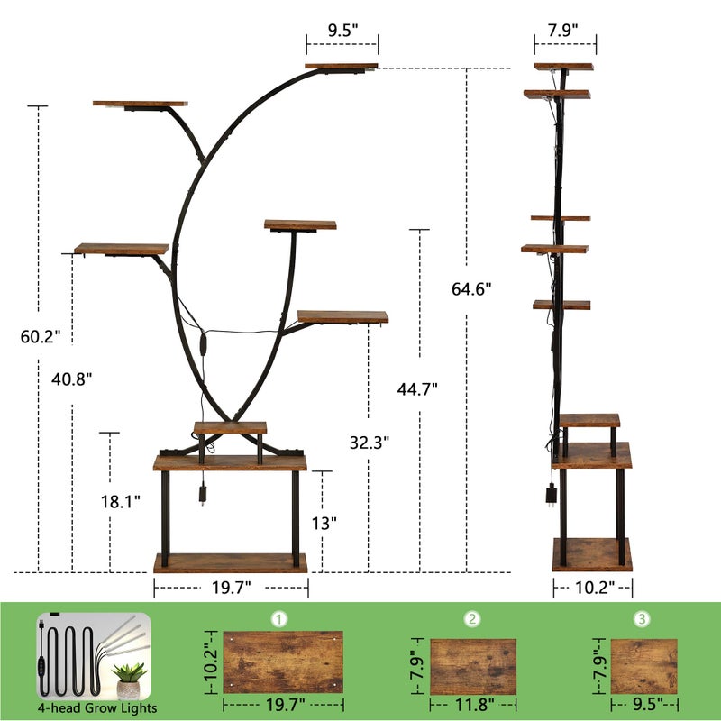 VECELO 65" Tall Plant Stand Indoor with Grow Lights, 8-Tier Plant Shelf with Hanging Hooks, Tree-Shaped Metal Plant Rack, Space-Saving for Home, Living Room & Corner Spaces, Brown - Image 2