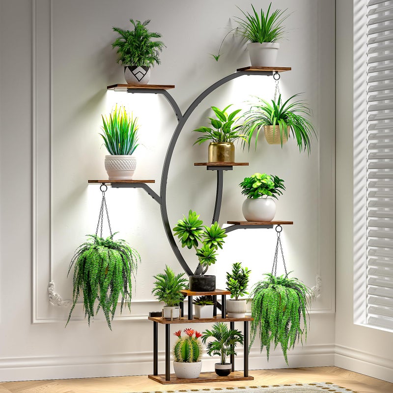 VECELO 65" Tall Plant Stand Indoor with Grow Lights, 8-Tier Plant Shelf with Hanging Hooks, Tree-Shaped Metal Plant Rack, Space-Saving for Home, Living Room & Corner Spaces, Brown - Image 1