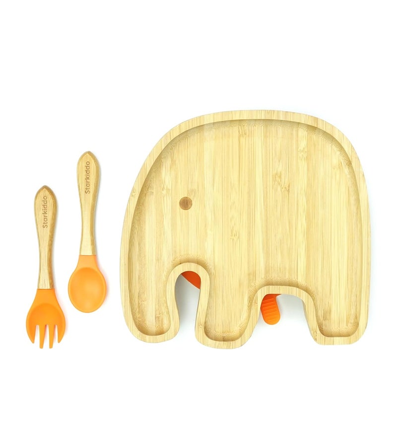 StarKiddo ® Bamboo Suction Plate for Babies with Weaning Spoon| Baby-Led Weaning| Self-Feeding| 3 Sections| Natural Bamboo-Tableware Set| BPA Free (Jumbo, Orange) - Image 1